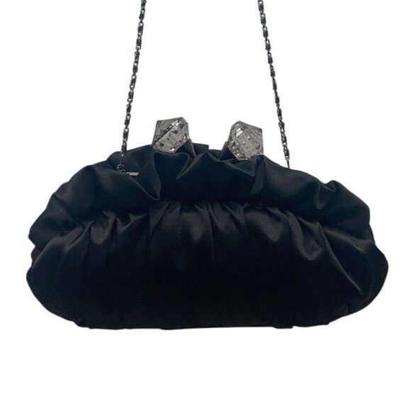 Lulu Townsend Black Satin With Rhinestone Clasp & Chain Strap Evening Clutch - Picture 1 of 11